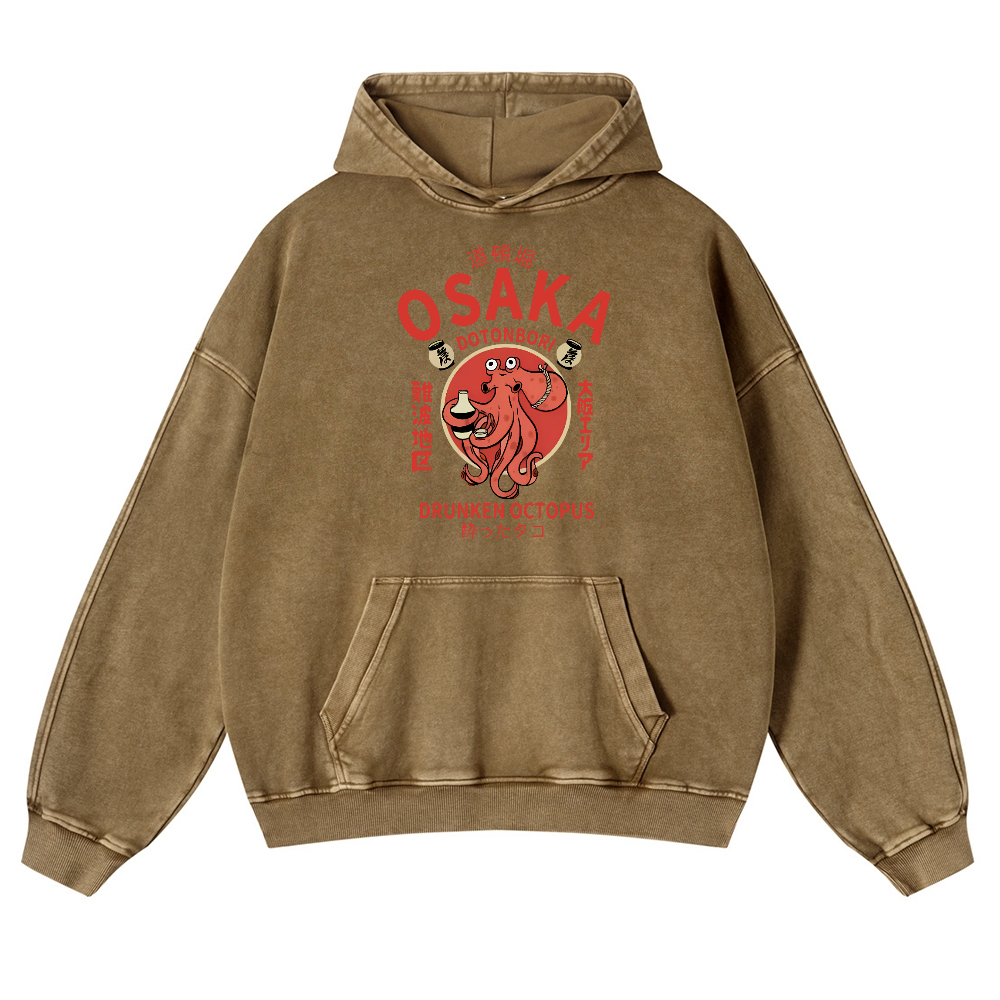 Osaka Dotonbori Drunken Octopus Vintage Washed Thick Cotton Hoodie