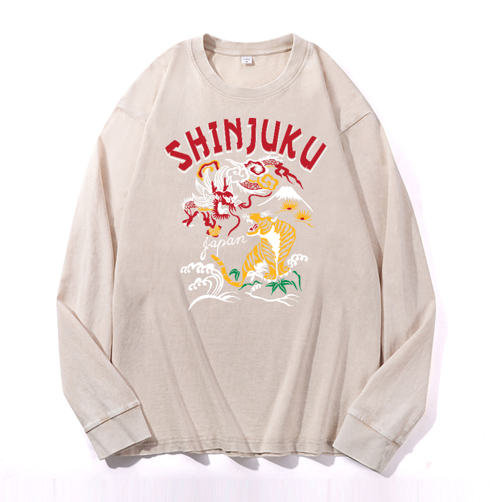 Shinjuku Tiger Vintage Cotton Wash Crewneck Long-Sleeve T-Shirt