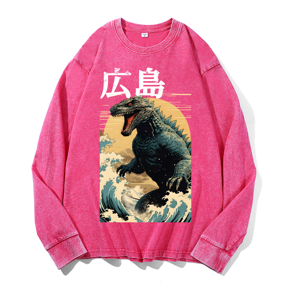 Hiroshima Kaiju Vintage Cotton Wash Crewneck Long-Sleeve T-Shirt