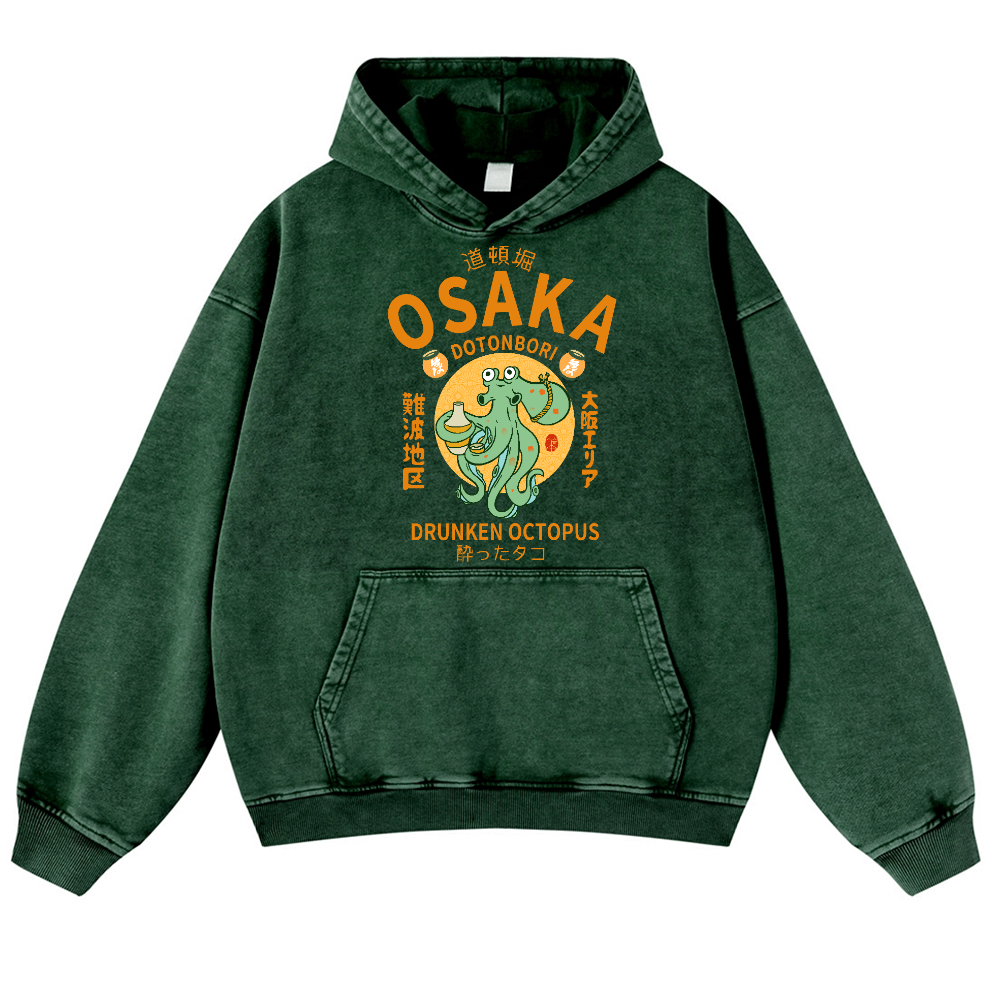 Osaka Dotonbori Drunken Octopus Vintage Washed Thick Cotton Hoodie
