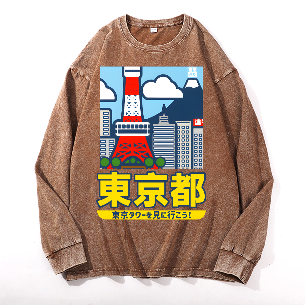 Tokyo Tower Vintage Cotton Wash Crewneck Long-Sleeve T-Shirt