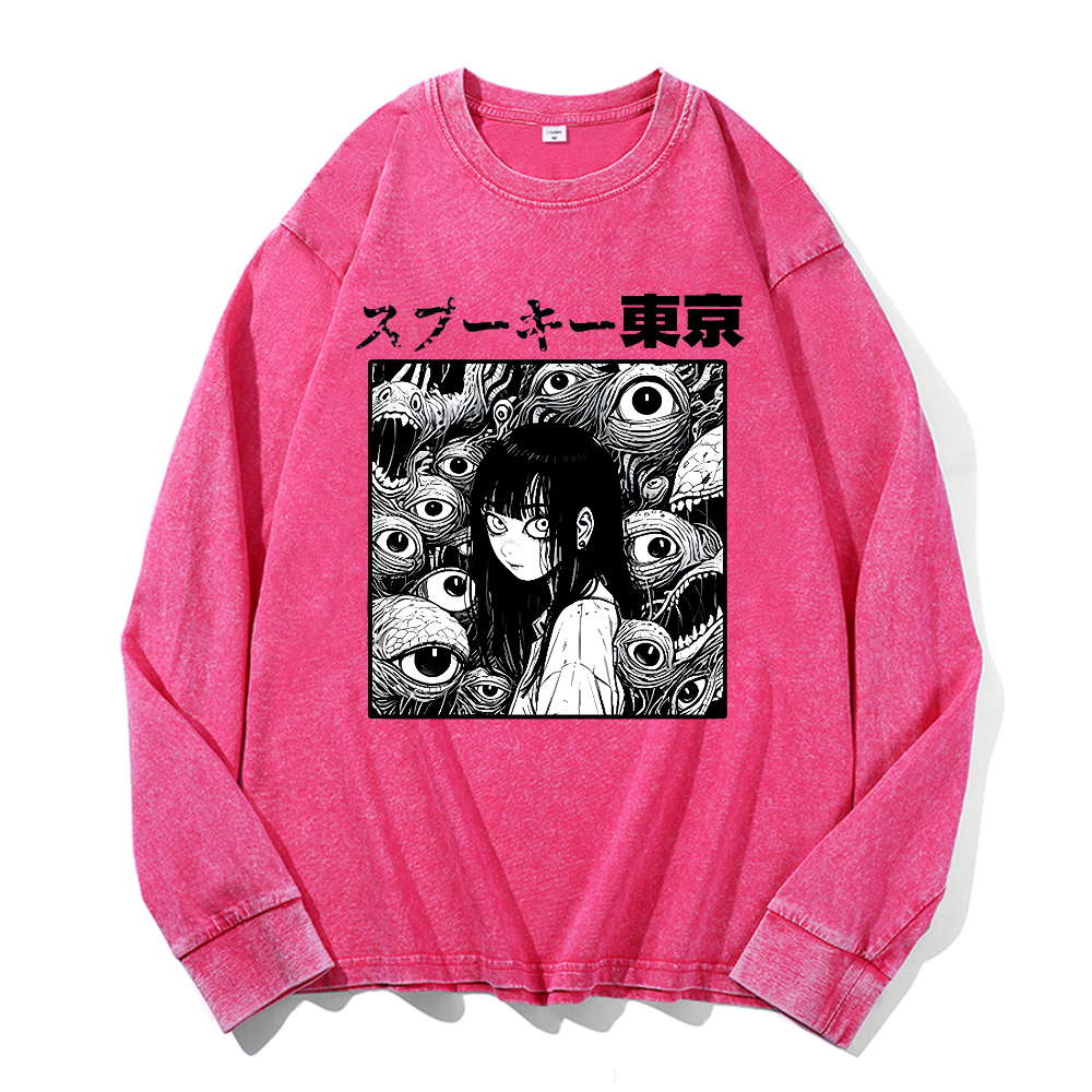 Horror manga Vintage Cotton Wash Crewneck Long-Sleeve T-Shirt
