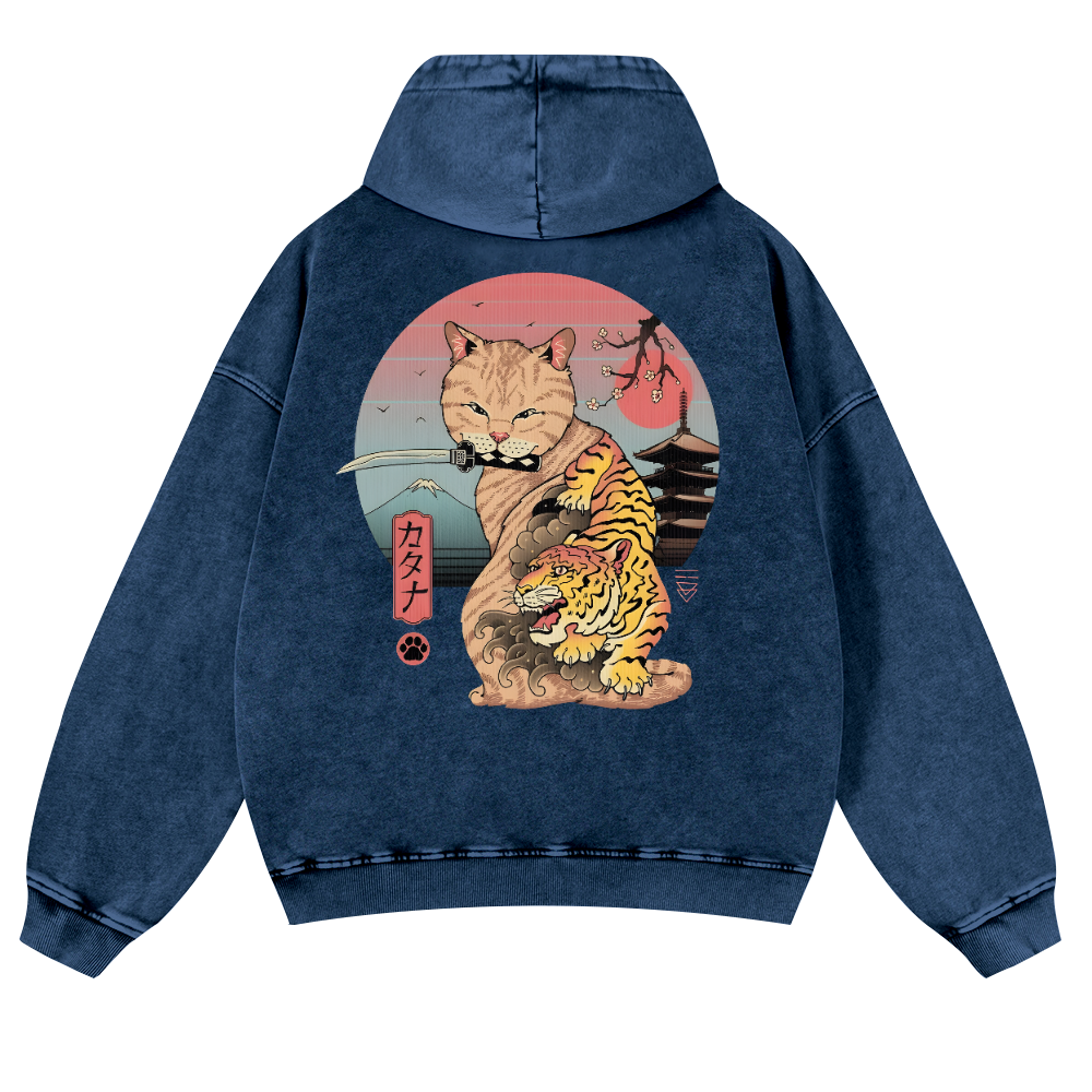 Japanese Cat Tiger Vintage Washed Cotton Back Art Hoodie
