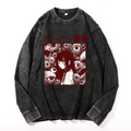 Horror manga Vintage Cotton Wash Crewneck Long-Sleeve T-Shirt
