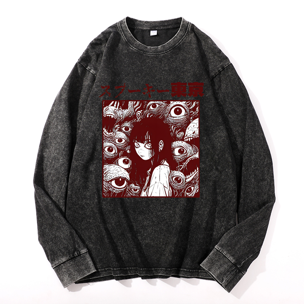Horror manga Vintage Cotton Wash Crewneck Long-Sleeve T-Shirt
