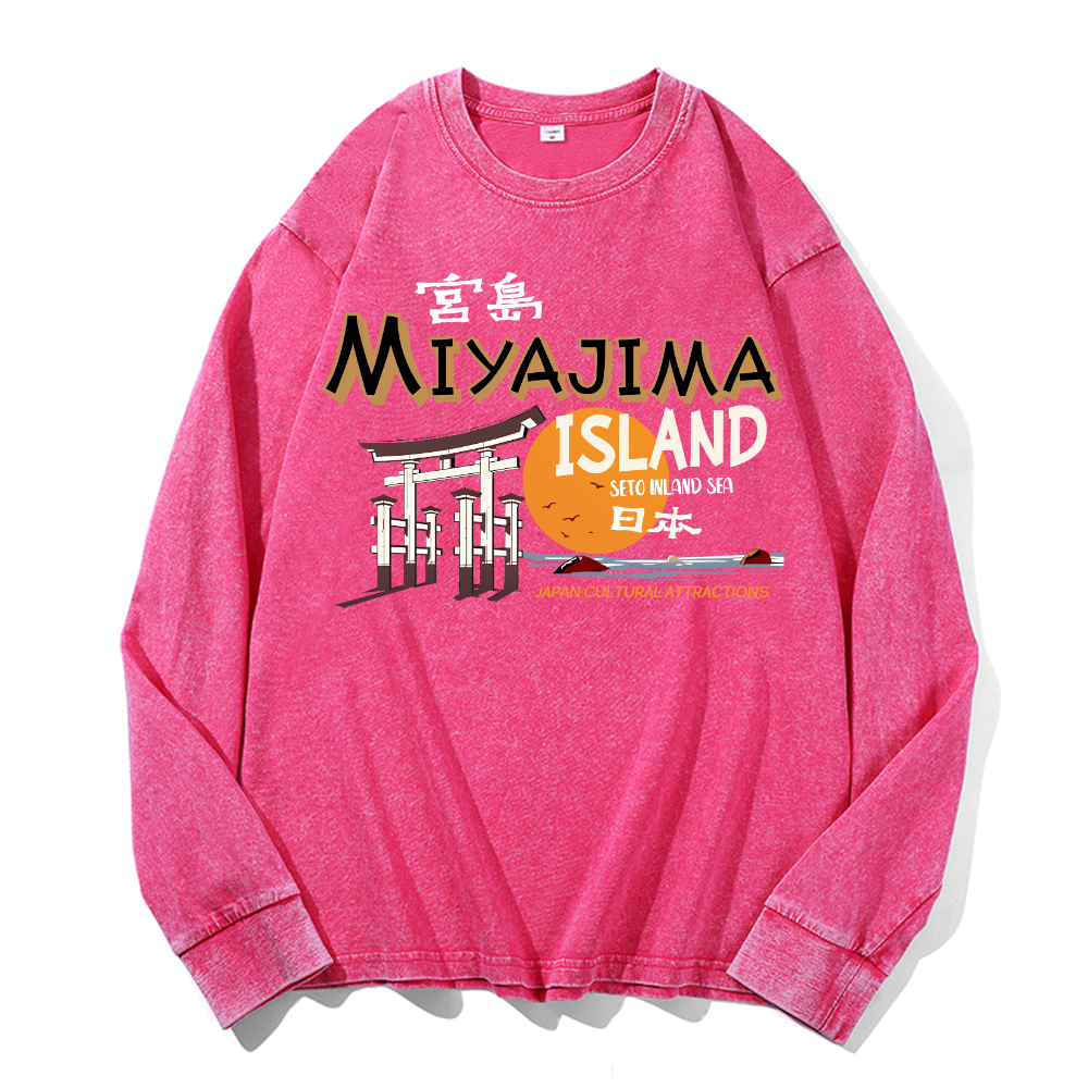 Hiroshima Miyajima Island Vintage Cotton Wash Crewneck Long-Sleeve T-Shirt