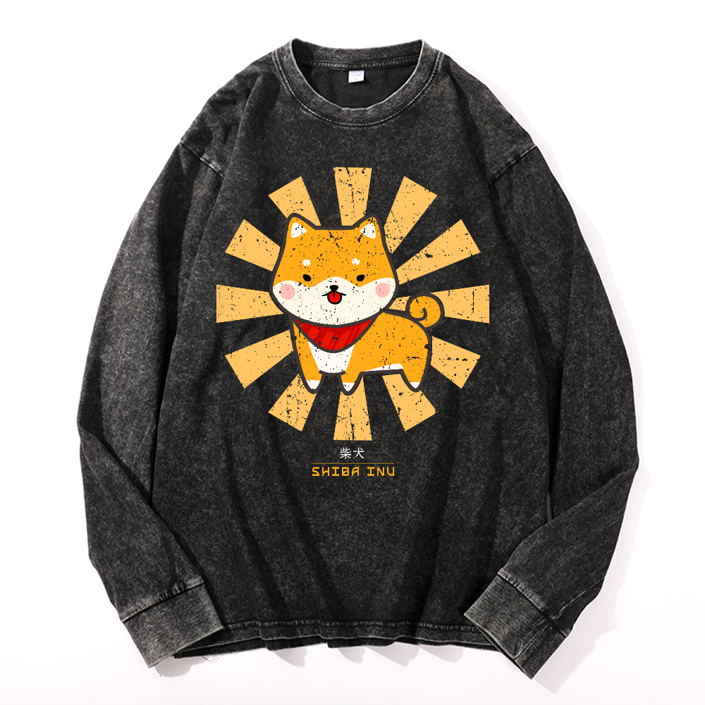 Shiba Inu Vintage Cotton Wash Crewneck Long-Sleeve T-Shirt
