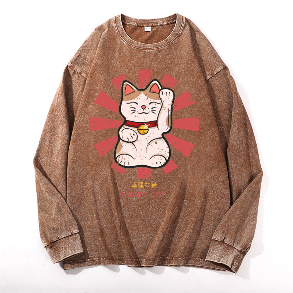 Lucky Cat Vintage Cotton Wash Crewneck Long-Sleeve T-Shirt