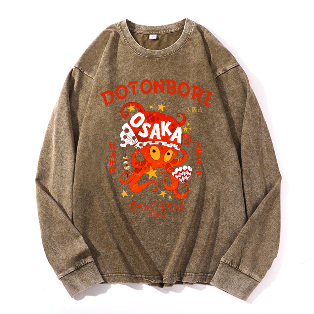 Dotonbori Takoyaki Vintage Cotton Wash Crewneck Long-Sleeve T-Shirt