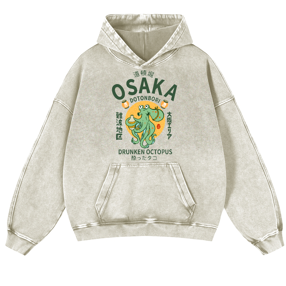 Osaka Dotonbori Drunken Octopus Vintage Washed Thick Cotton Hoodie