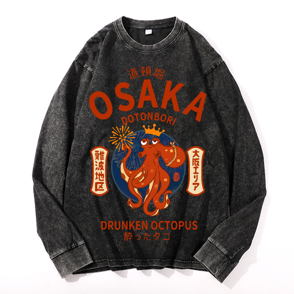 Osaka Dotonbori Drunken Octopus Vintage Cotton Wash Crewneck Long-Sleeve T-Shirt