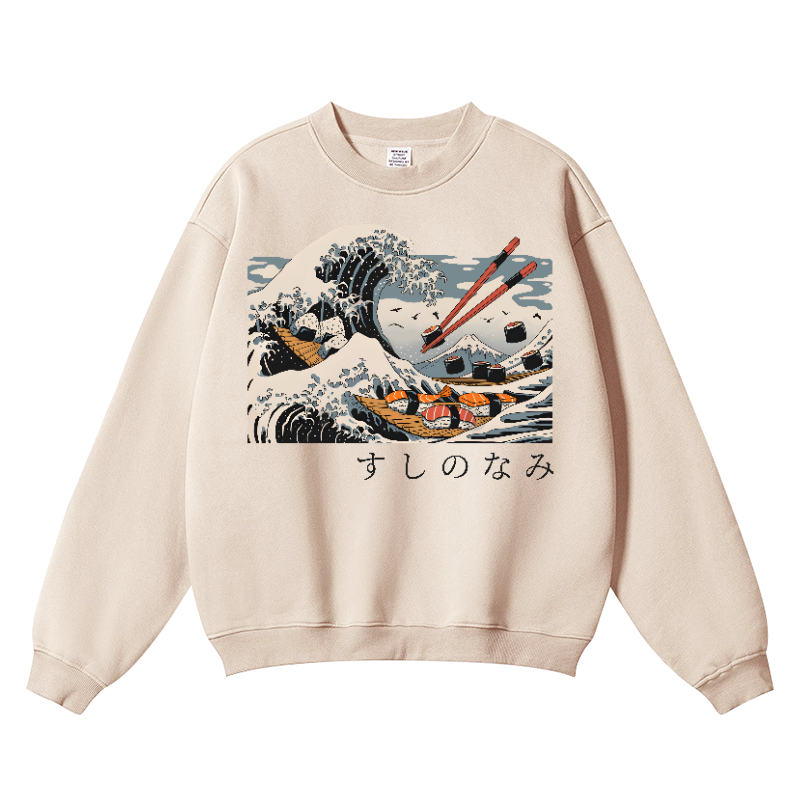 Sushi Great Wave Vintage Cotton Blend Crewneck Sweatshirt