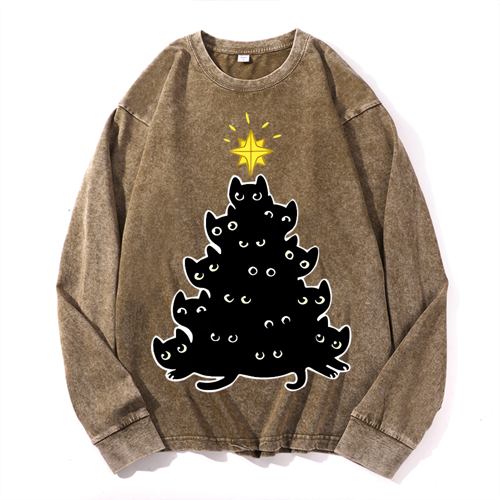Cat Vintage Cotton Wash Crewneck Long-Sleeve T-Shirt