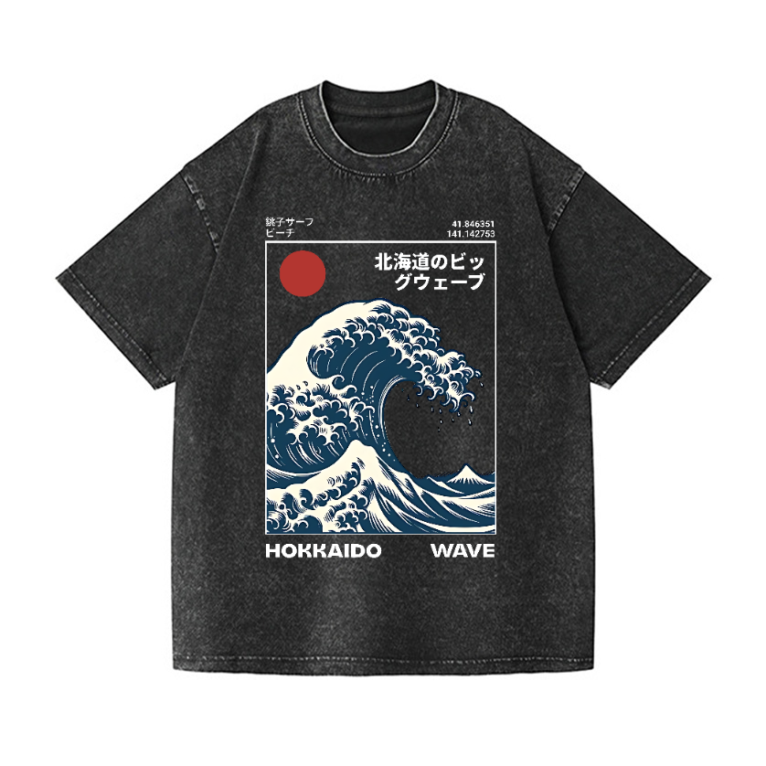 Hokkaido Wave Ukiyoe Vintage Wash Japanese Design T-Shirt