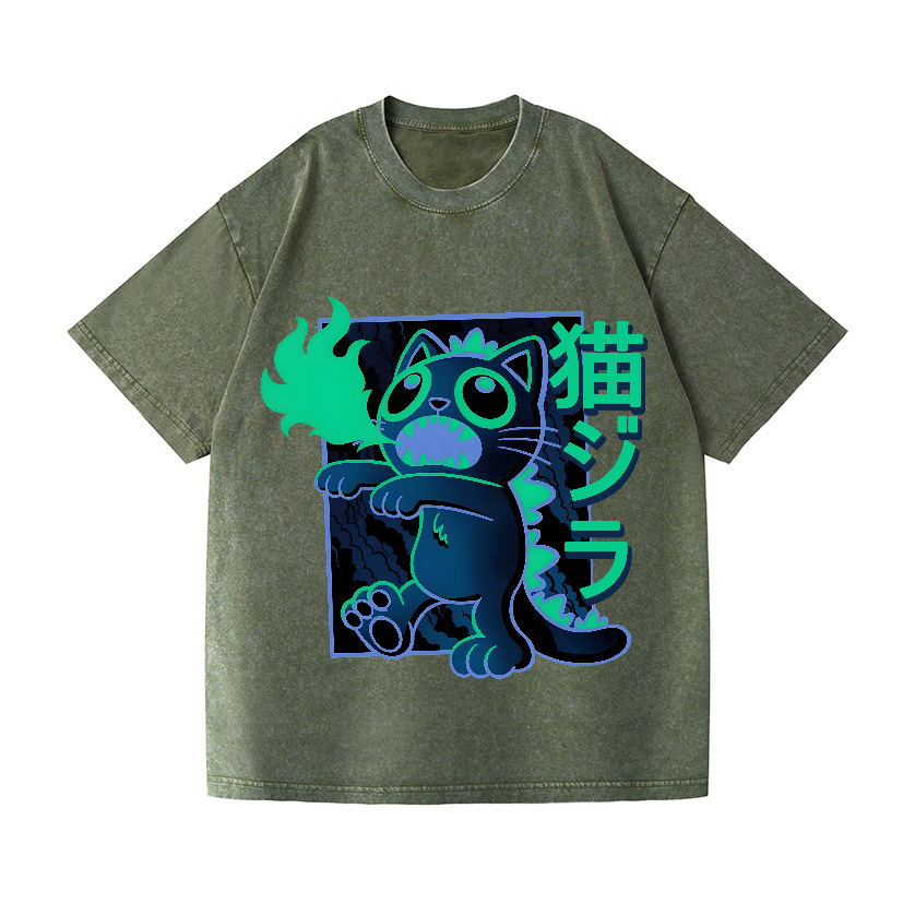 Cat Kaiju Vintage Wash Japanese Design T-Shirt
