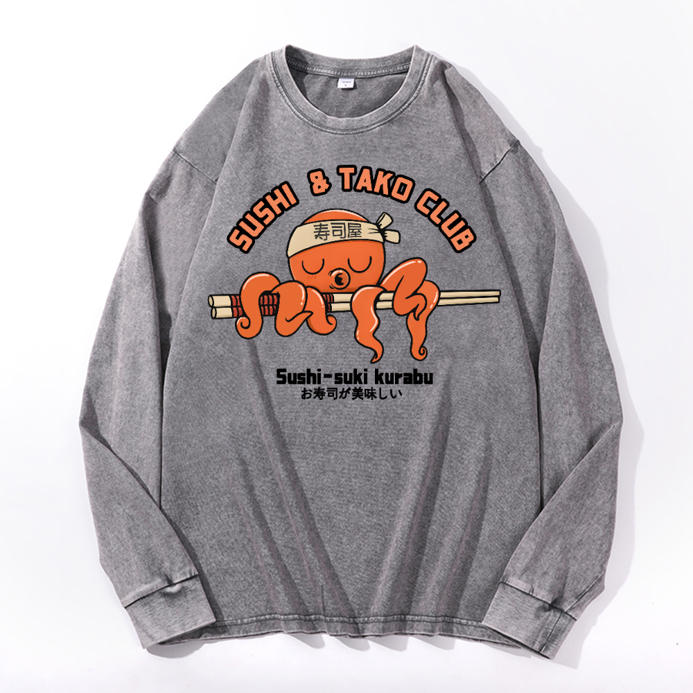 Sushi and Tako Octopus Vintage Cotton Wash Crewneck Long-Sleeve T-Shirt