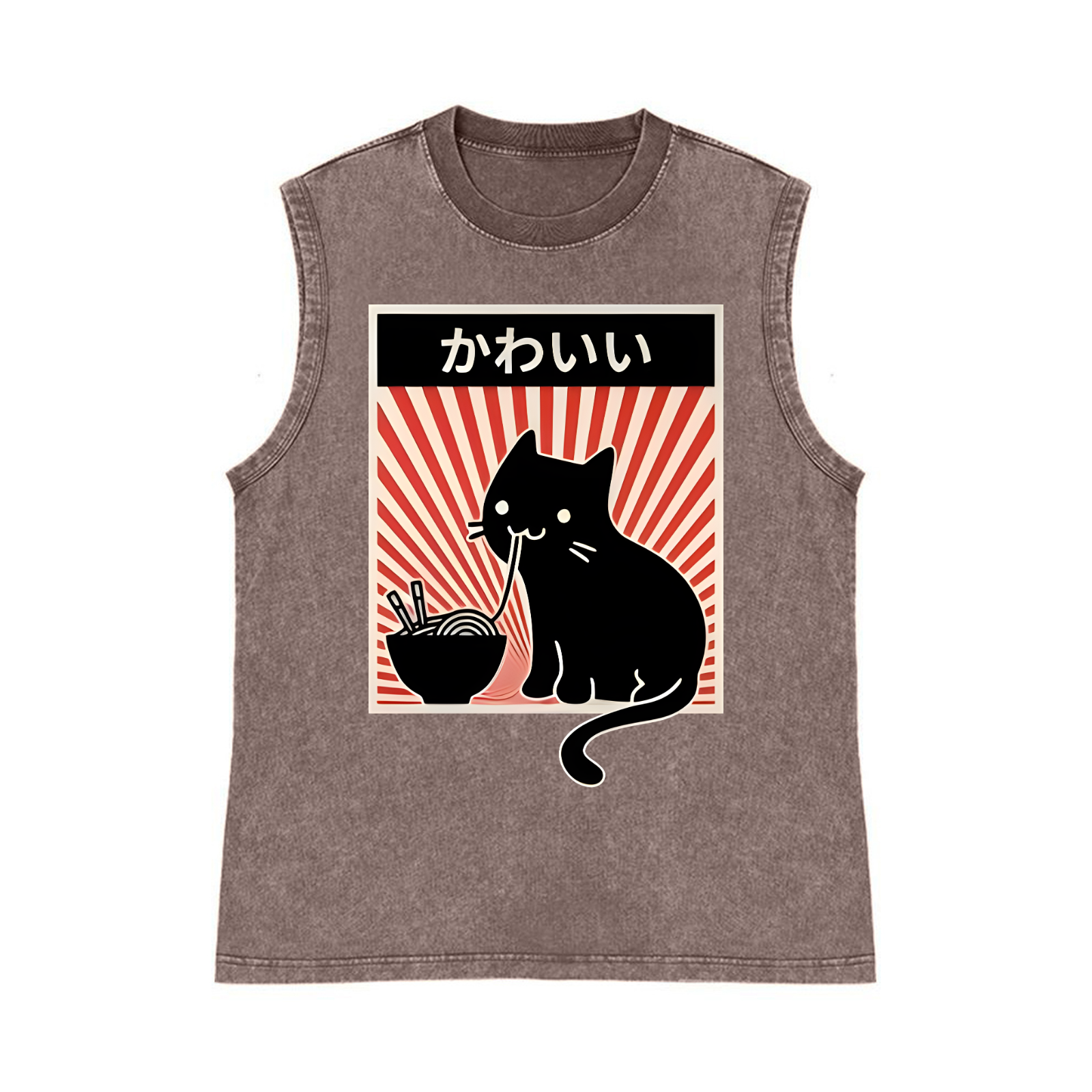Ramen And Cat Pure Cotton Wash-Dyed Sleeveless Tank Top