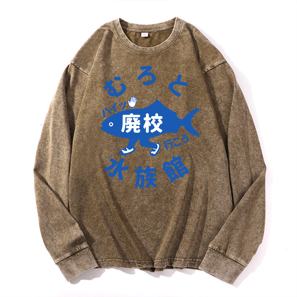 Aquarium Vintage Cotton Wash Crewneck Long-Sleeve T-Shirt