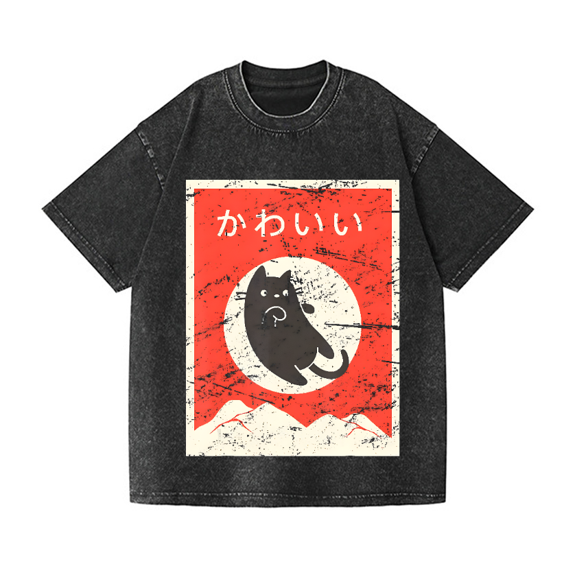 The Jumping Black Cat Vintage Wash Japanese Design T-Shirt