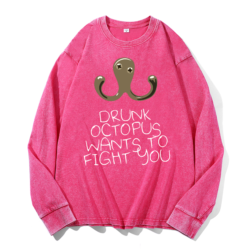 Drunken Octopus Vintage Cotton Wash Crewneck Long-Sleeve T-Shirt