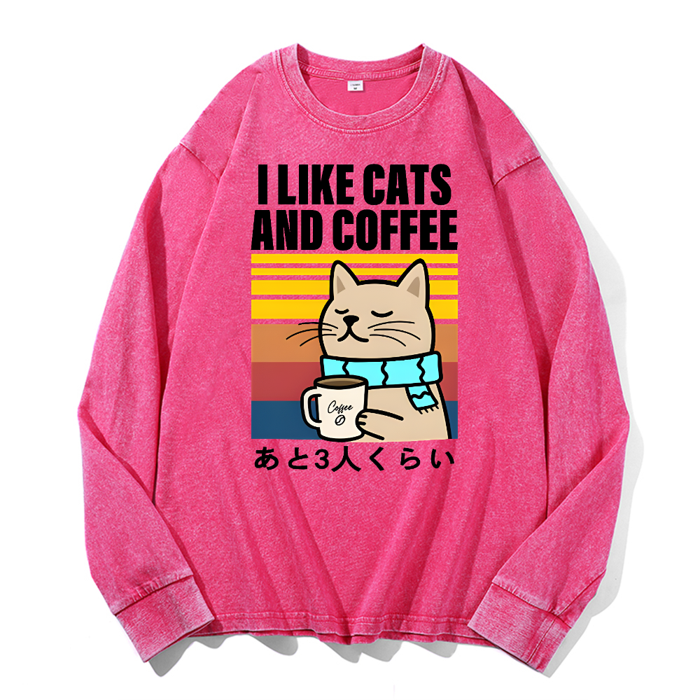 Cat Coffee Vintage Cotton Wash Long-sleeve T-shirt