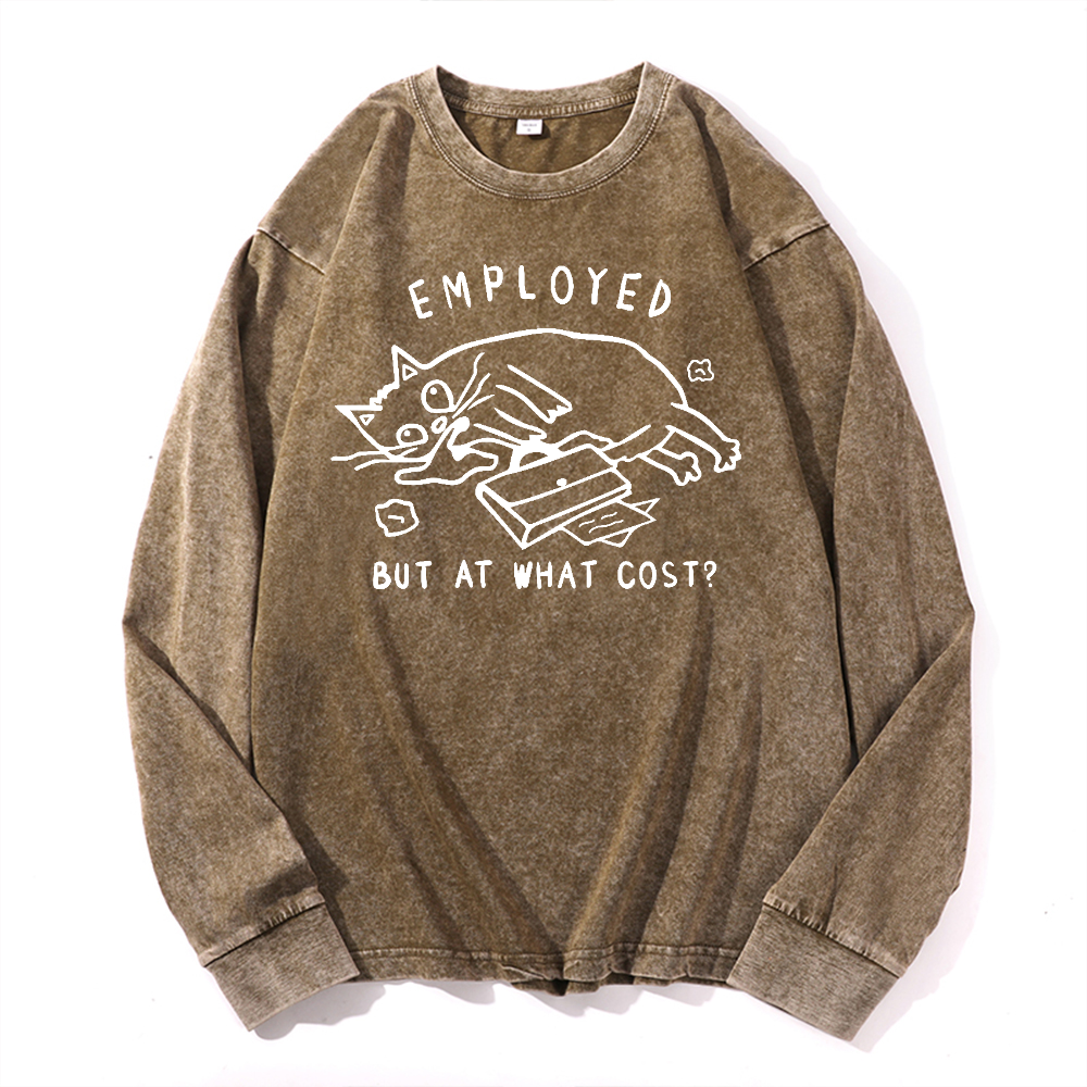 Cat Vintage Cotton Wash Crewneck Long-Sleeve T-Shirt