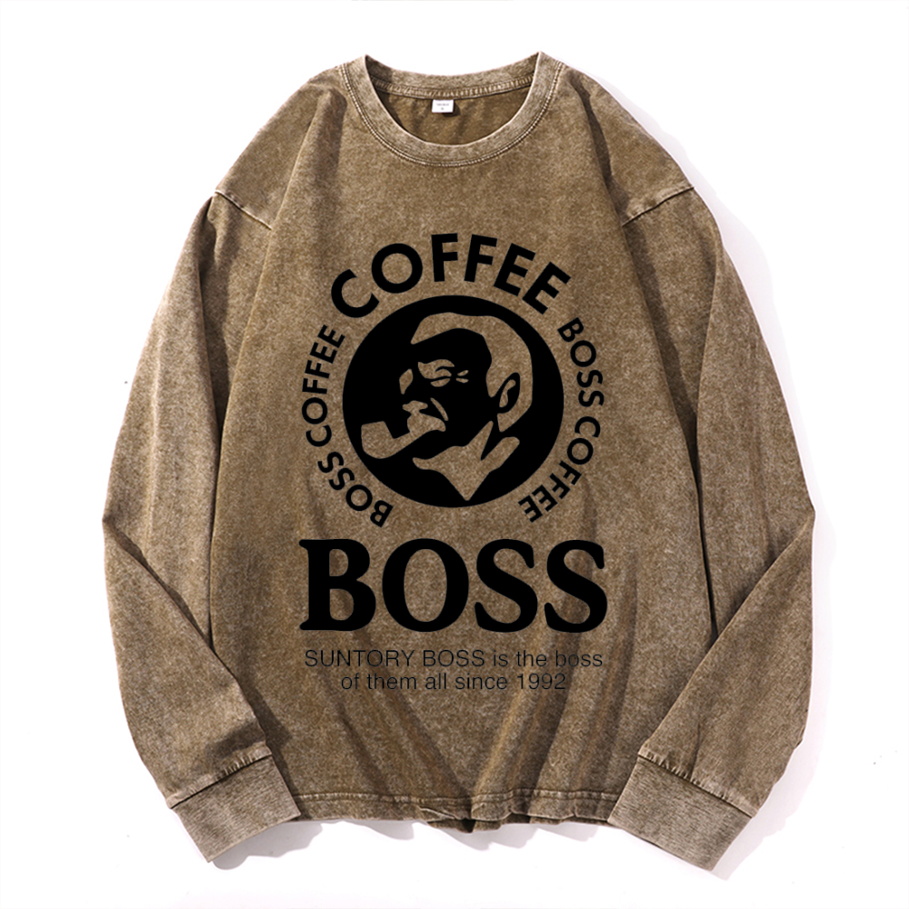 Coffee Boss Vintage Cotton Wash Crewneck Long-Sleeve T-Shirt