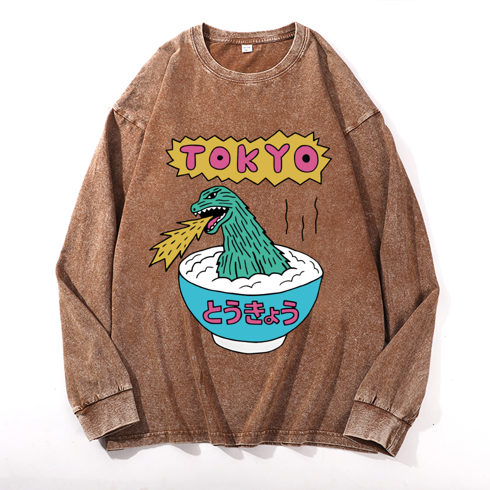 Kaiju Tokyo Vintage Cotton Wash Crewneck Long-Sleeve T-Shirt