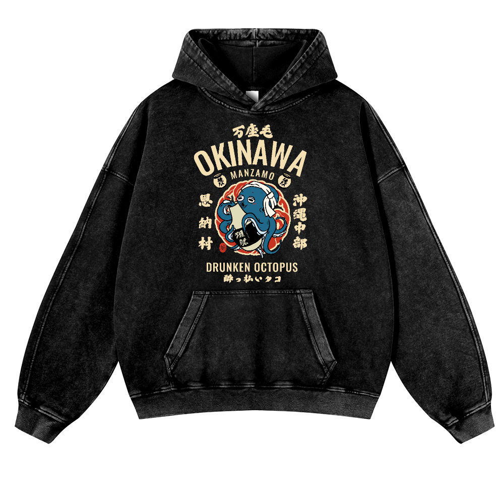 Okinawa Manzamo Drunken Octopus Vintage Washed Thick Cotton Hoodie