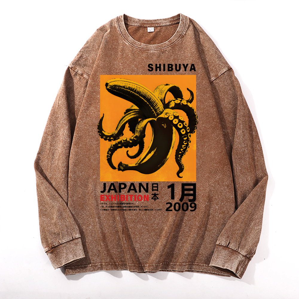 Shibuya Banana Octopus Vintage Cotton Wash Long-sleeve T-shirt