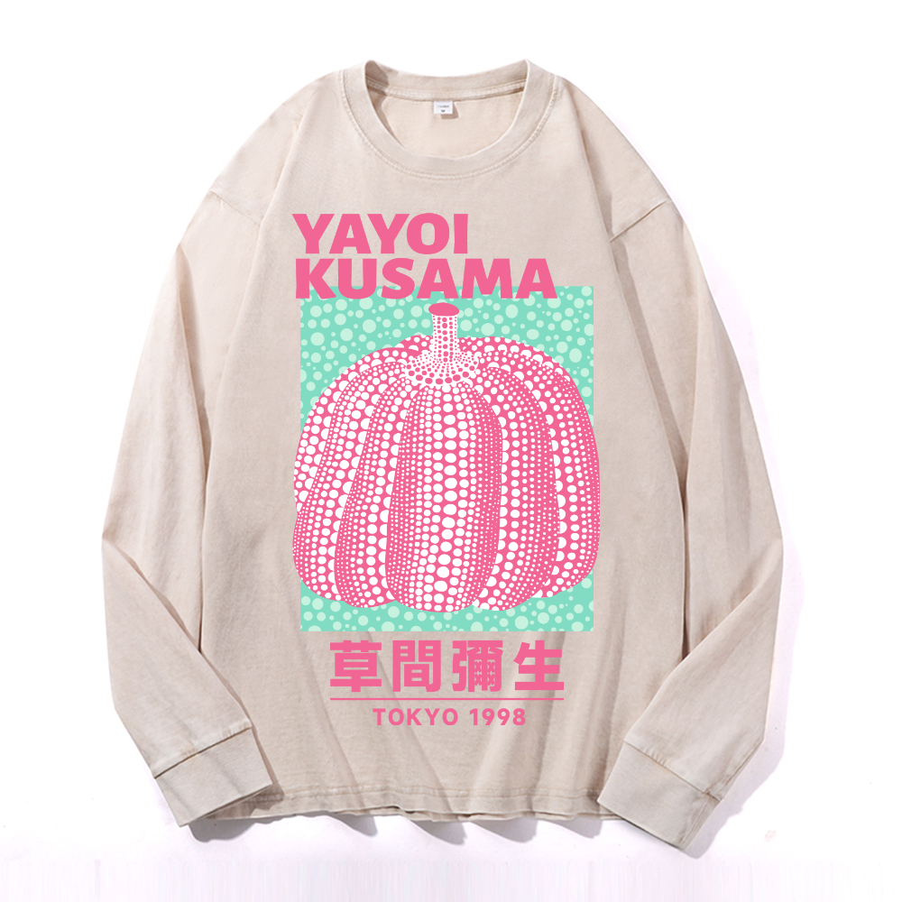Yayoi Kusama Pumpkin Vintage Cotton Wash Crewneck Long-Sleeve T-Shirt