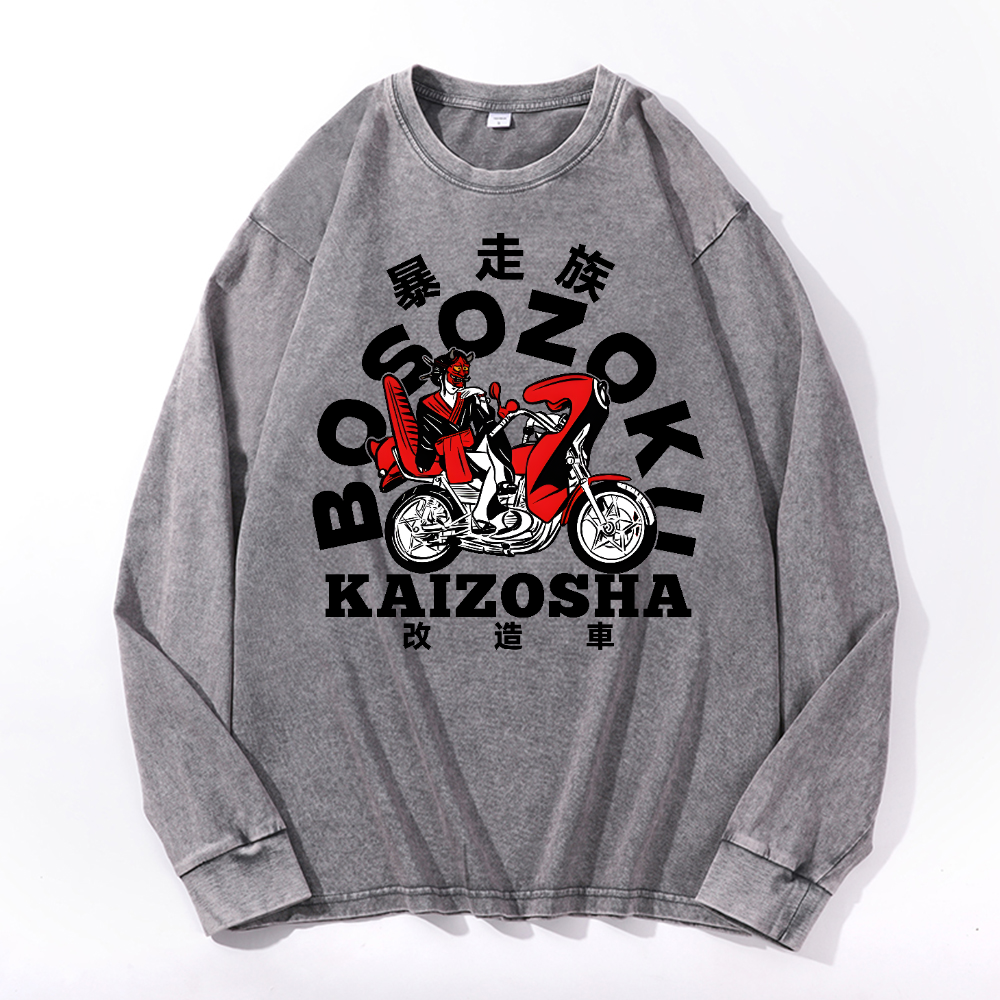 Bosozoku Vintage Cotton Wash Crewneck Long-Sleeve T-Shirt