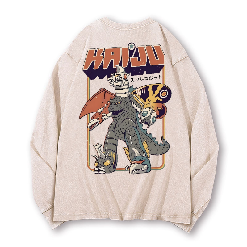 Kaiju Monster Vintage Washed Cotton Back Art Long-sleeve T-shirt