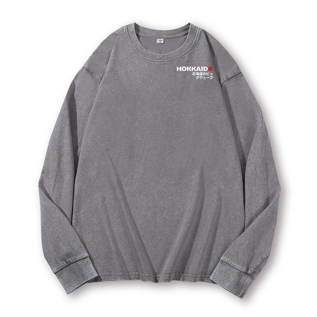 Hokkaido Wave Ukiyoe Vintage Washed Cotton Back Art Long-sleeve T-shirt