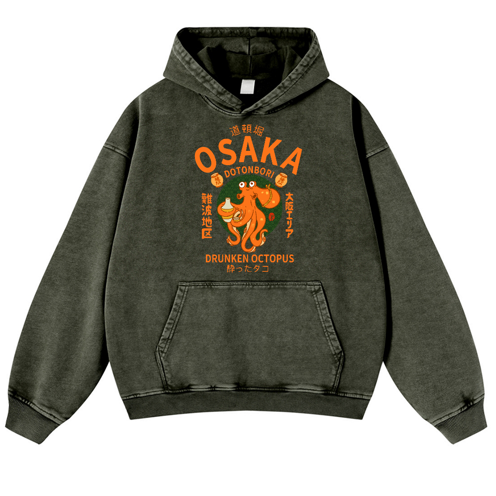Osaka Dotonbori Drunken Octopus Vintage Washed Thick Cotton Hoodie