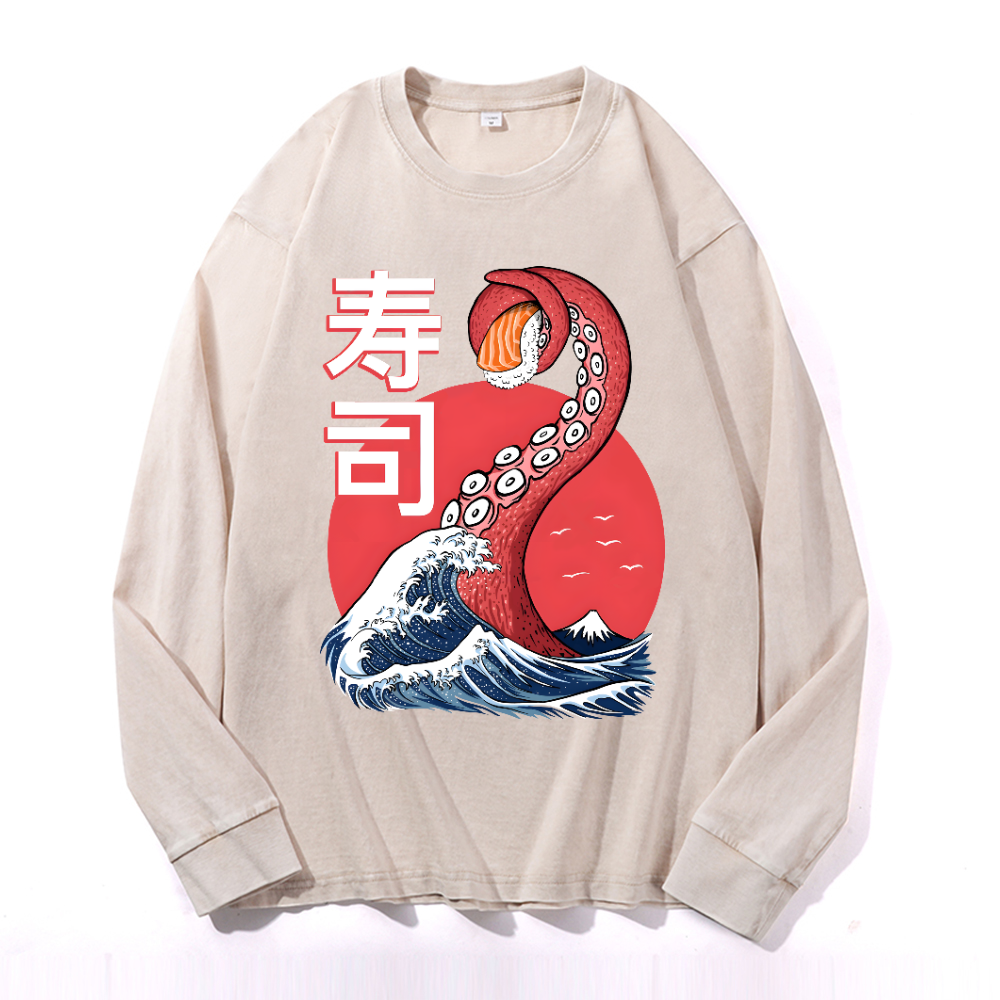 Sushi Octopus Vintage Cotton Wash Crewneck Long-Sleeve T-Shirt