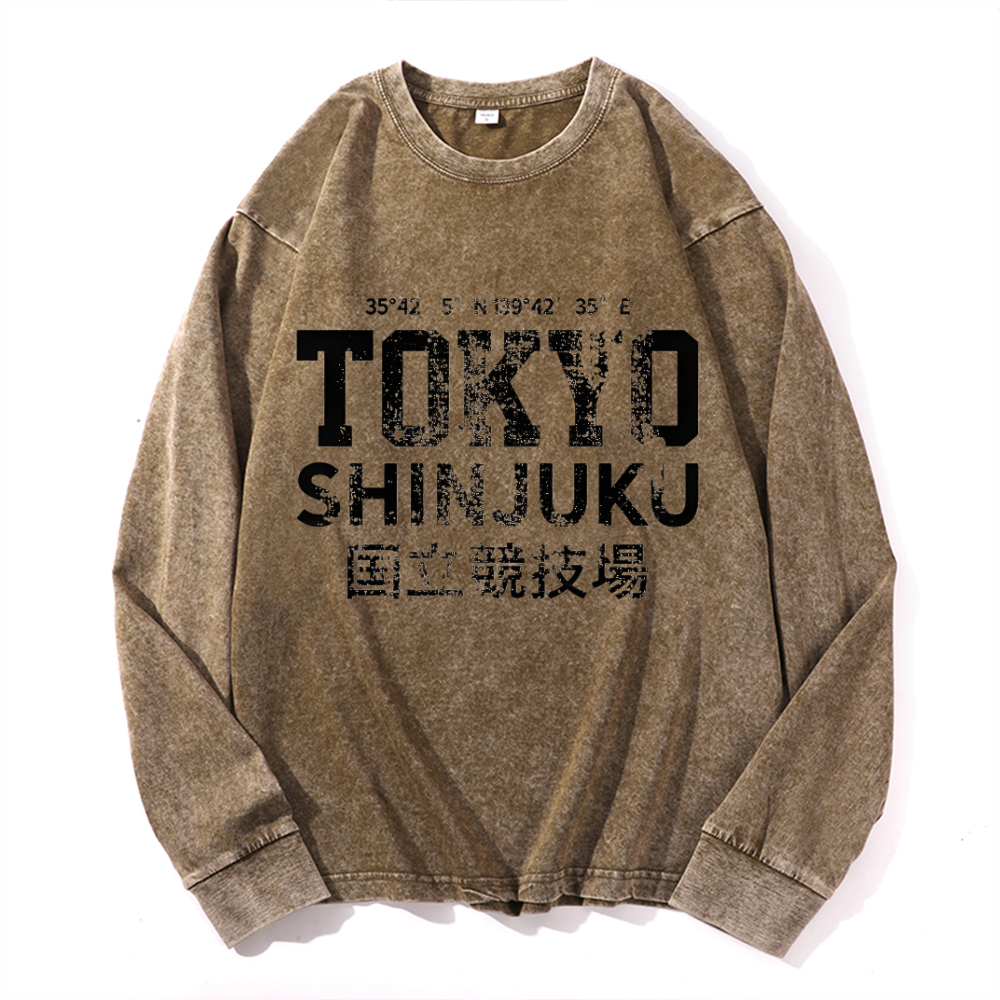 Tokyo Shinjuku Vintage Cotton Wash Crewneck Long-Sleeve T-Shirt