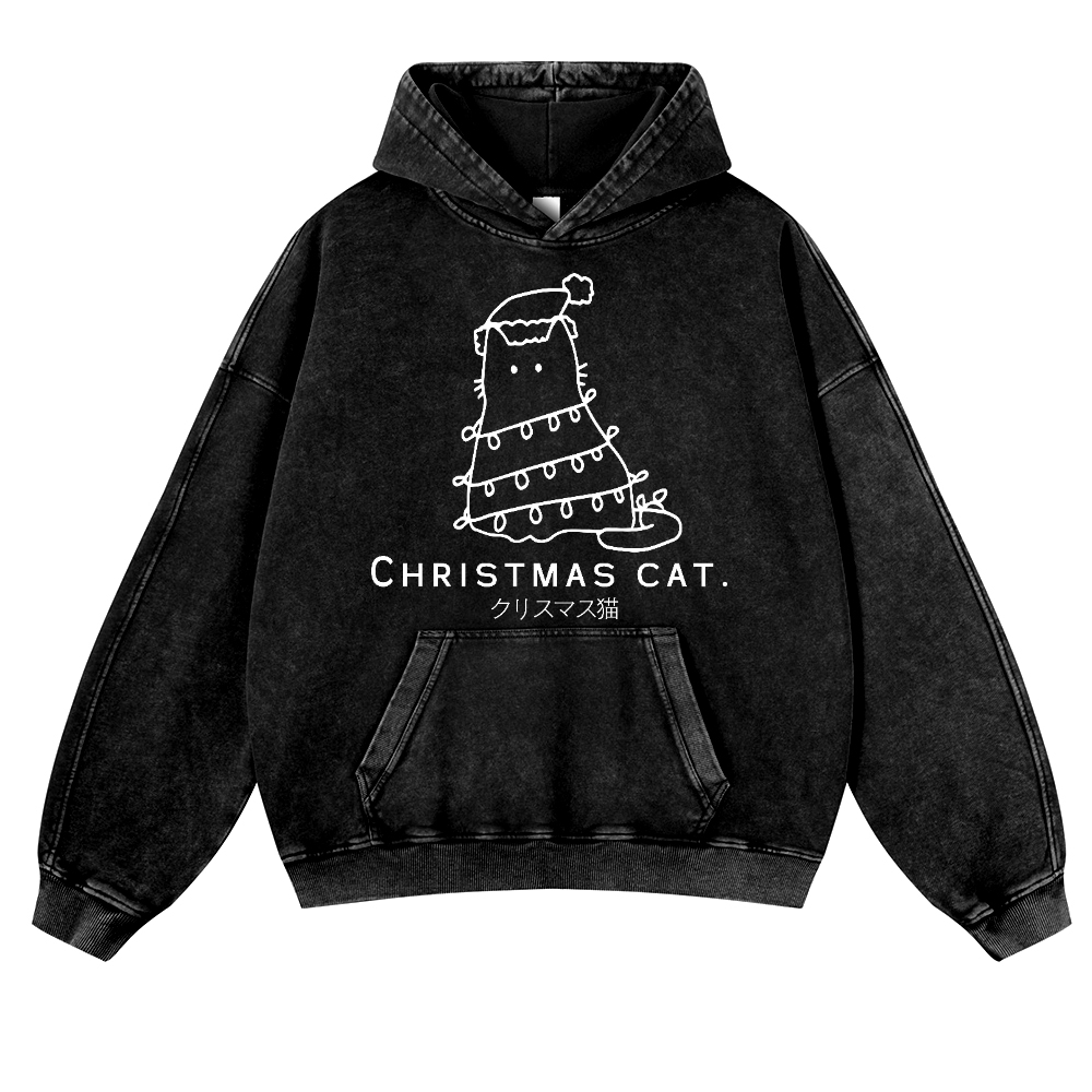 Christmas Cat Vintage Washed Thick Cotton Hoodie