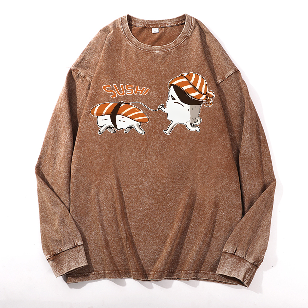 Sushi Vintage Cotton Wash Crewneck Long-Sleeve T-Shirt