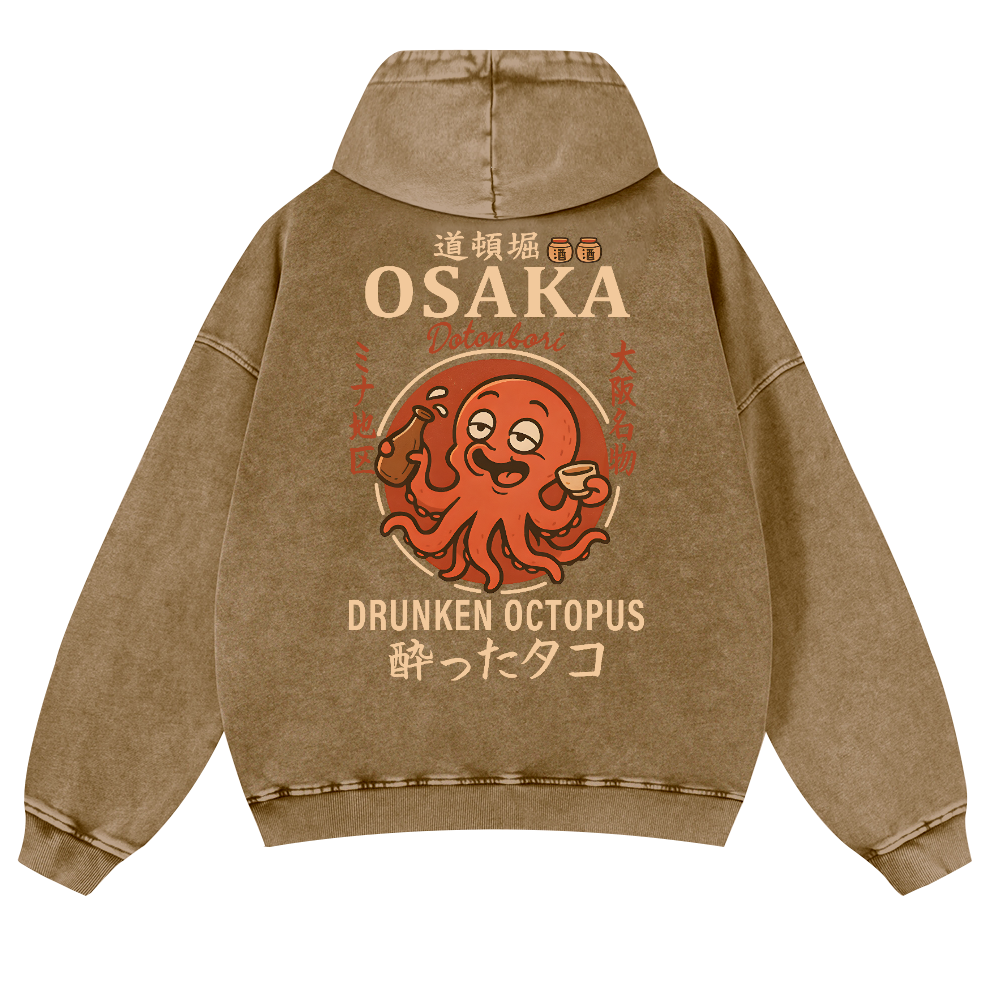 Osaka Dotonbori Drunken Octopus Vintage Washed Cotton Back Art Hoodie