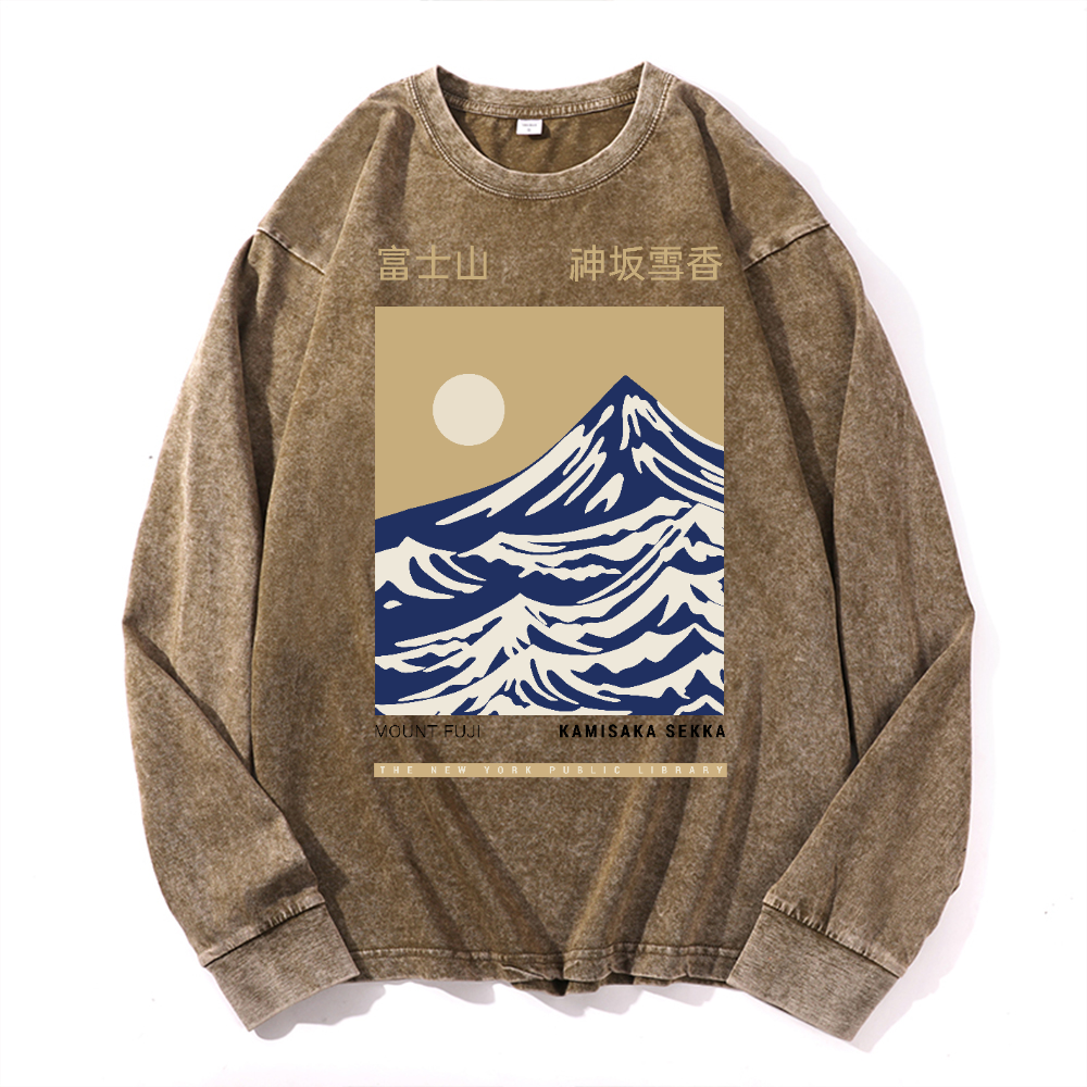 Mount Fuji Vintage Cotton Wash Crewneck Long-Sleeve T-Shirt