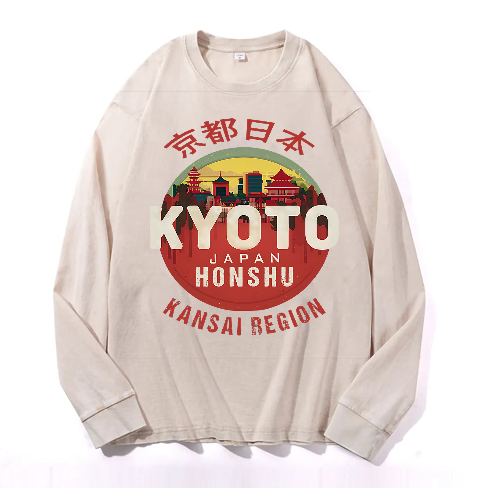 Kyoto Japan Honshu Kansai Region Vintage Cotton Wash Crewneck Long-Sleeve T-Shirt