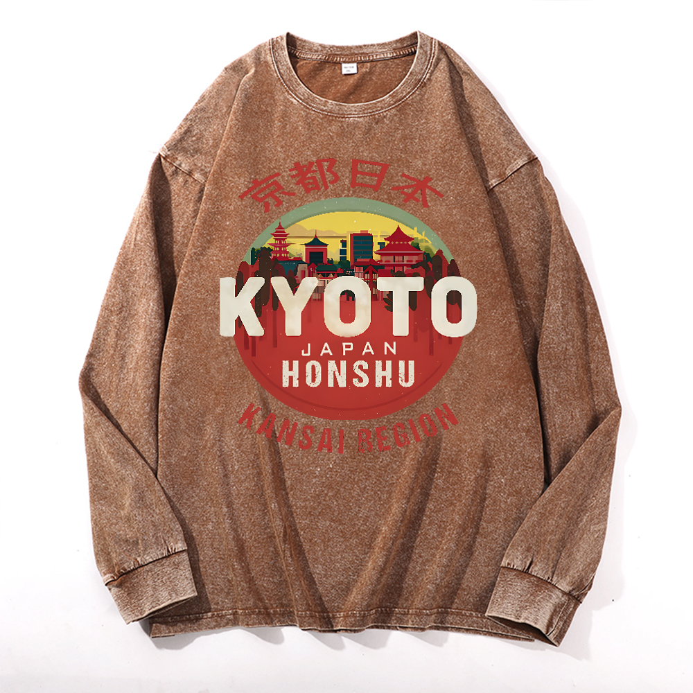 Kyoto Japan Honshu Kansai Region Vintage Cotton Wash Crewneck Long-Sleeve T-Shirt