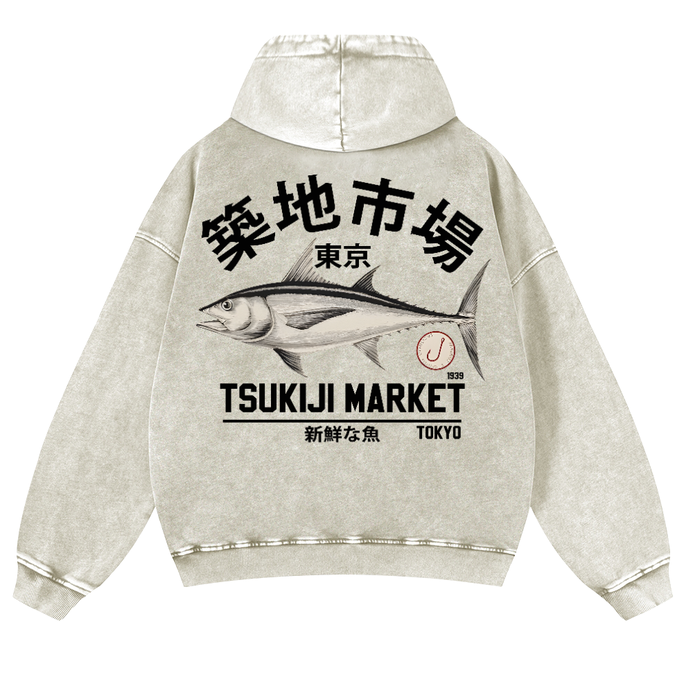 Tsukiji Fish Market Vintage Washed Cotton Back Art Hoodie