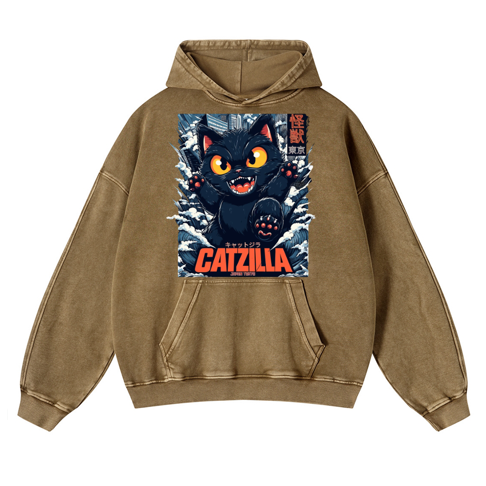 Catzilla Cat Kaiju Vintage Washed Thick Cotton Hoodie