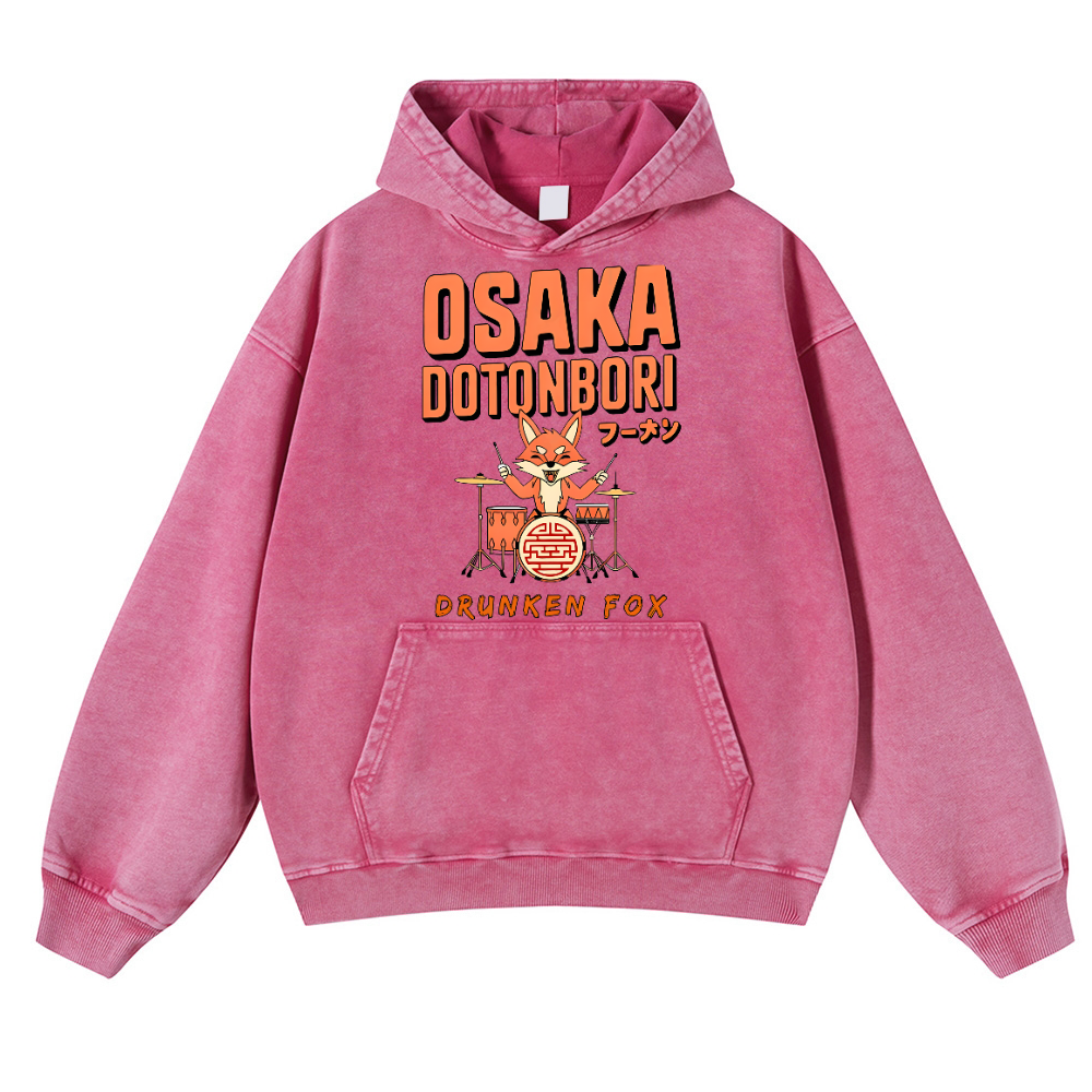 Osaka Dotonbori Drunken Fox Vintage Washed Thick Cotton Hoodie