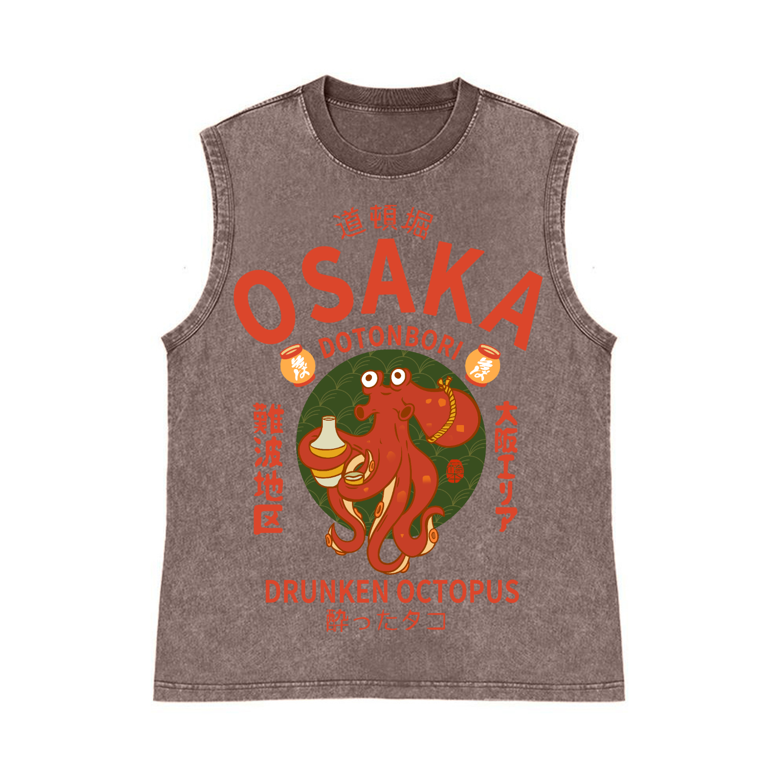 Osaka Dotonbori Drunken Octopus Pure Cotton Wash-Dyed Sleeveless Tank Top