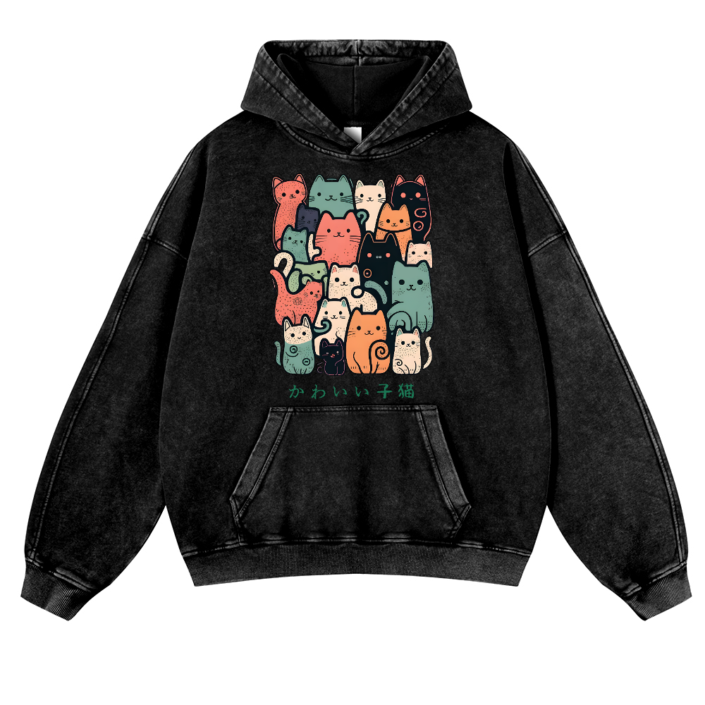 Cat Family Vintage Washed Thick Cotton Hoodie
