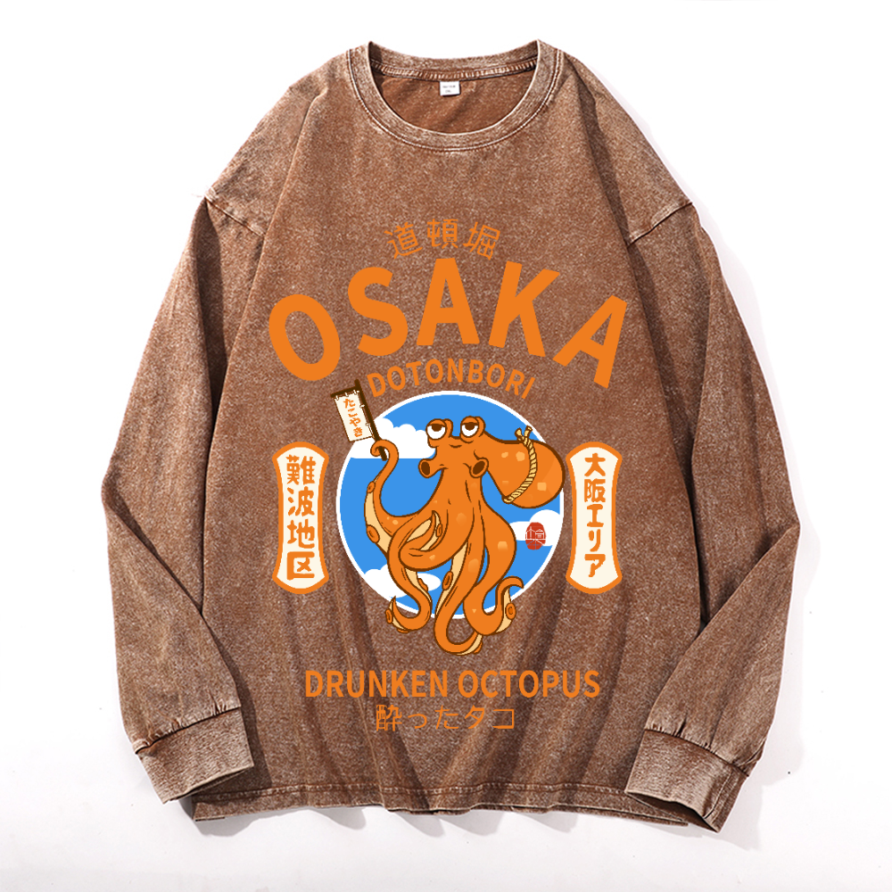 Osaka Dotonbori Drunken Octopus Vintage Cotton Wash Crewneck Long-Sleeve T-Shirt
