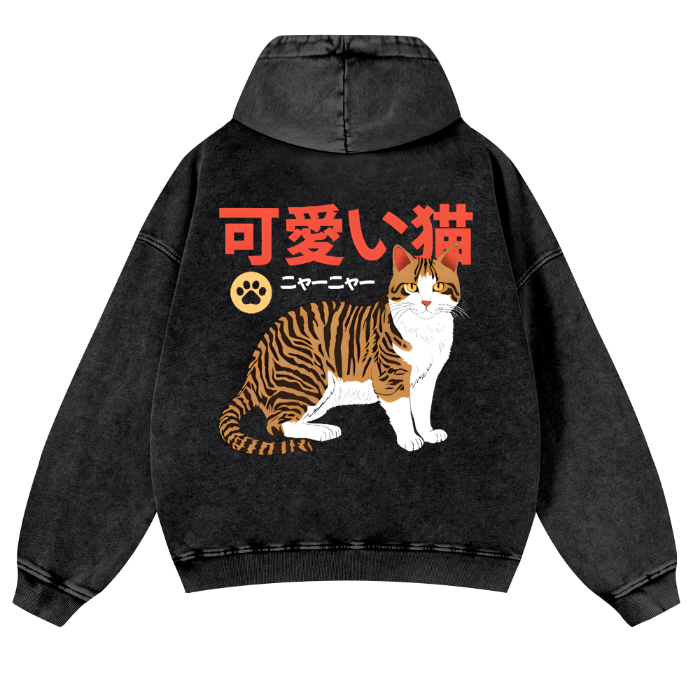 Cat Vintage Washed Cotton Back Art Hoodie
